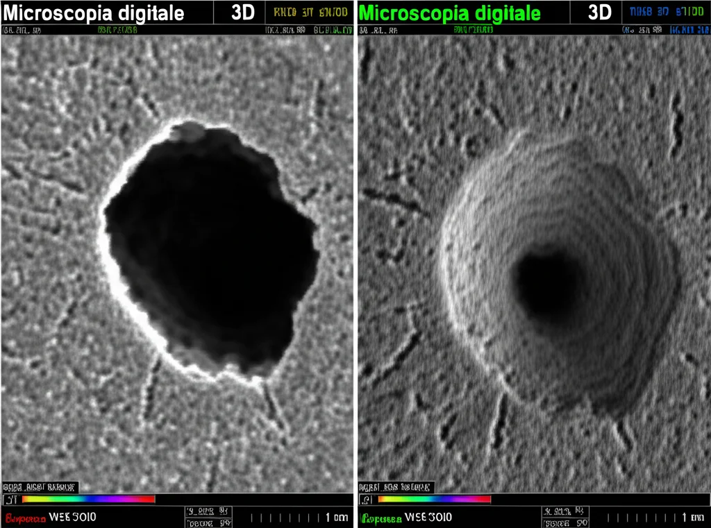 Microscopia digitale 3D, Keyence VHX-7000, che mostra la topografia superficiale di un campione di legno di quercia levigato dopo modifica termica, evidenziando i grandi vasi (pori) e le scanalature lasciate dalla levigatura, colori falsi per indicare l'altezza.