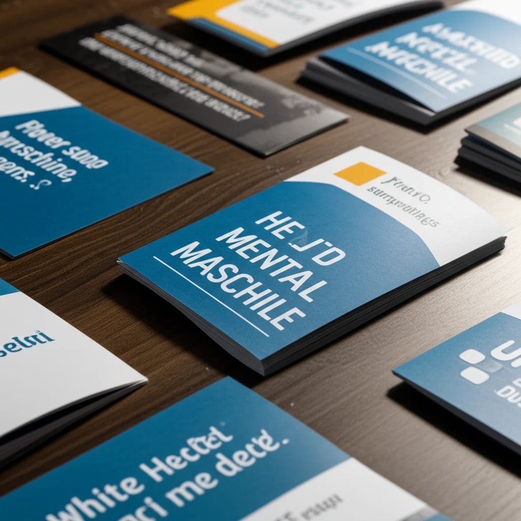 Foto realistica di diversi opuscoli e volantini sulla salute mentale maschile sparsi su un tavolo di legno scuro. Luce soffusa laterale, obiettivo macro 80mm, alta definizione, messa a fuoco precisa su alcuni titoli.