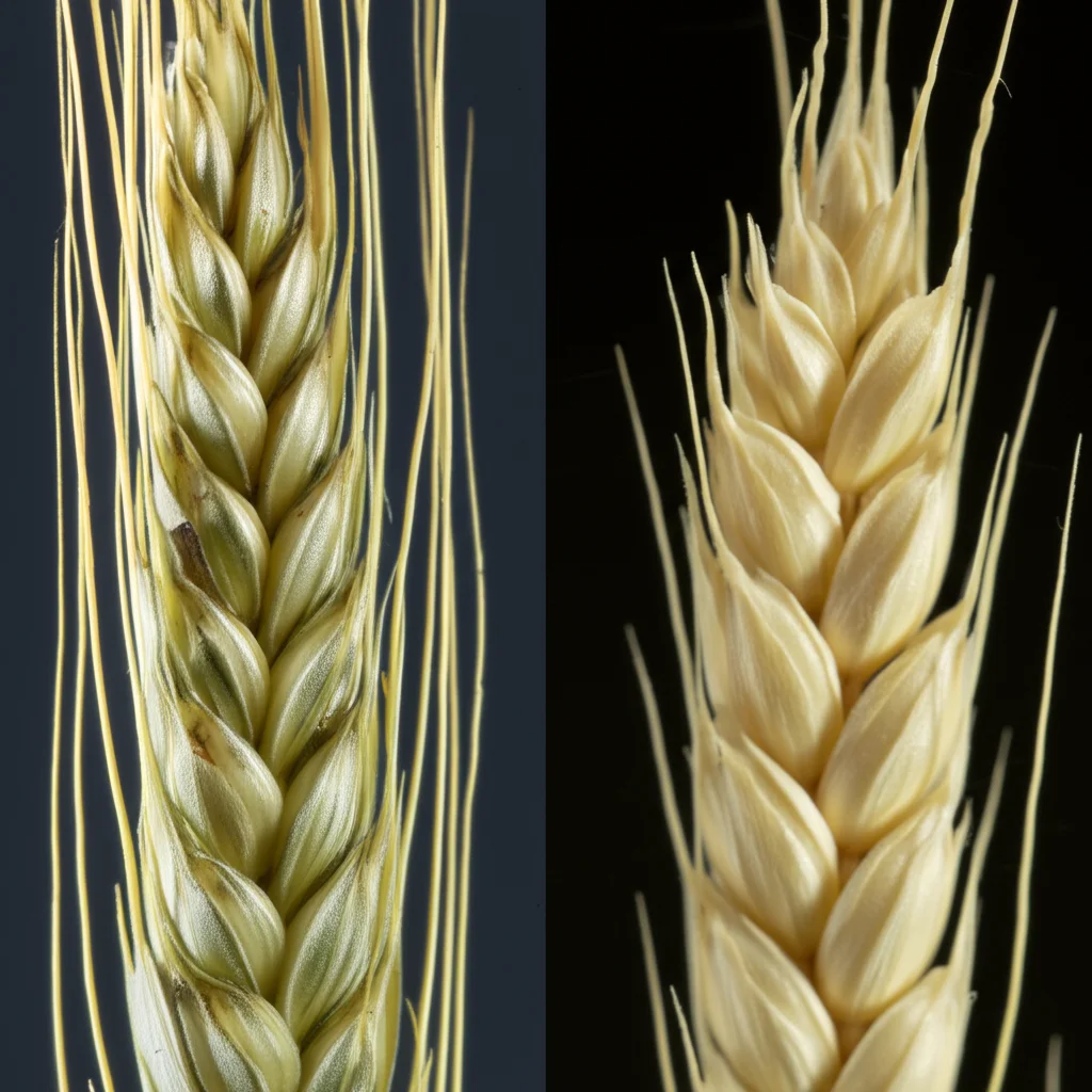 Fotografia macro di una spiga d'orzo mutante 'coronata' affiancata a una spiga normale tipo selvatico (WT), obiettivo macro 80mm, alta definizione, illuminazione laterale controllata per evidenziare la differenza strutturale nelle file di spighette.