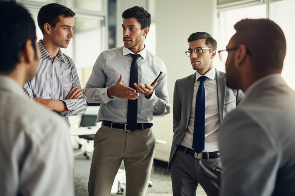 Fotografia di un gruppo eterogeneo di uomini in abiti da lavoro (es. edilizia, ufficio) che partecipano a un workshop informale sulla salute mentale in un ambiente luminoso. Teleobiettivo zoom 100mm, cattura dell'interazione, espressioni naturali, profondità di campo moderata.