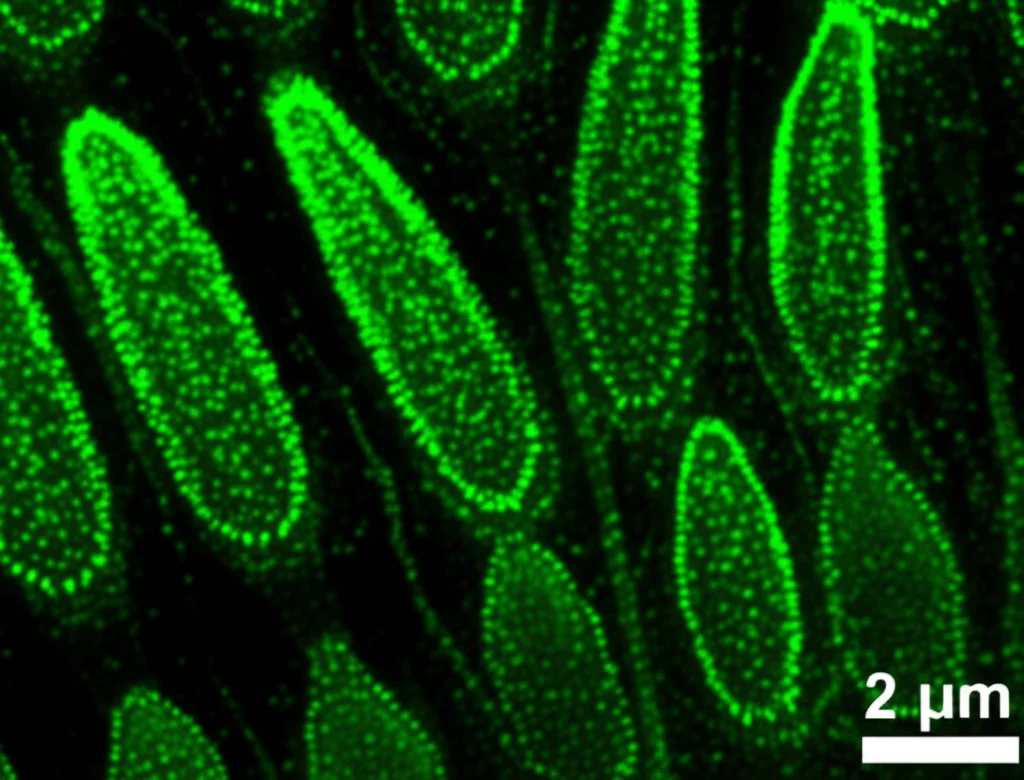 Microscopia confocale 3D di un meristema dell'infiorescenza di orzo (IM), obiettivo 20x ad immersione in acqua, colori fluorescenti che evidenziano la struttura cellulare e il volume del meristema, alta risoluzione.