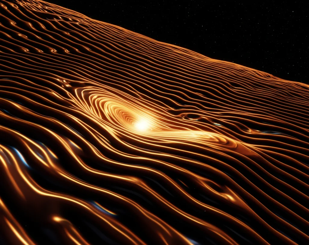Visualizzazione artistica dell'universo primordiale durante una fase di rimbalzo (bounce), con fluttuazioni quantistiche rappresentate come increspature nello spaziotempo. Astro photography, wide-angle 10mm, long exposure, sharp focus, colori cosmici intensi e contrastati.