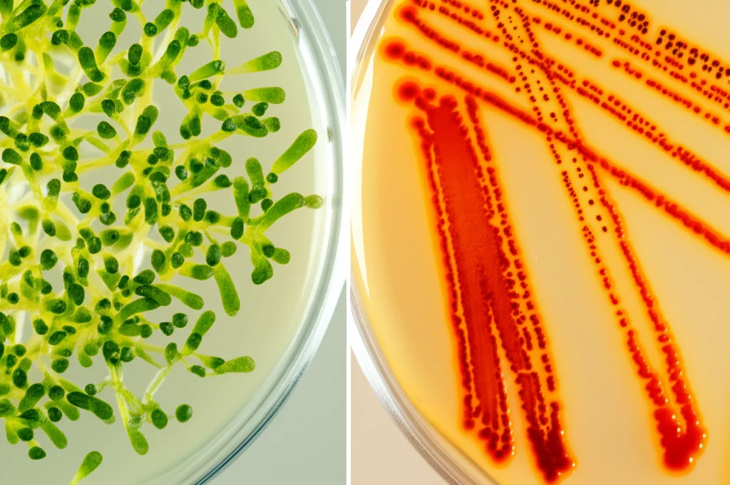 Macro fotografia di una piantina di Arabidopsis thaliana rigogliosa e sana in una piastra di Petri, accanto a una colonia batterica arancione (Rhodococcus ruber) su un altro lato della piastra divisa. Obiettivo macro 100mm, alta definizione, illuminazione controllata da laboratorio, focus preciso sulla pianta.