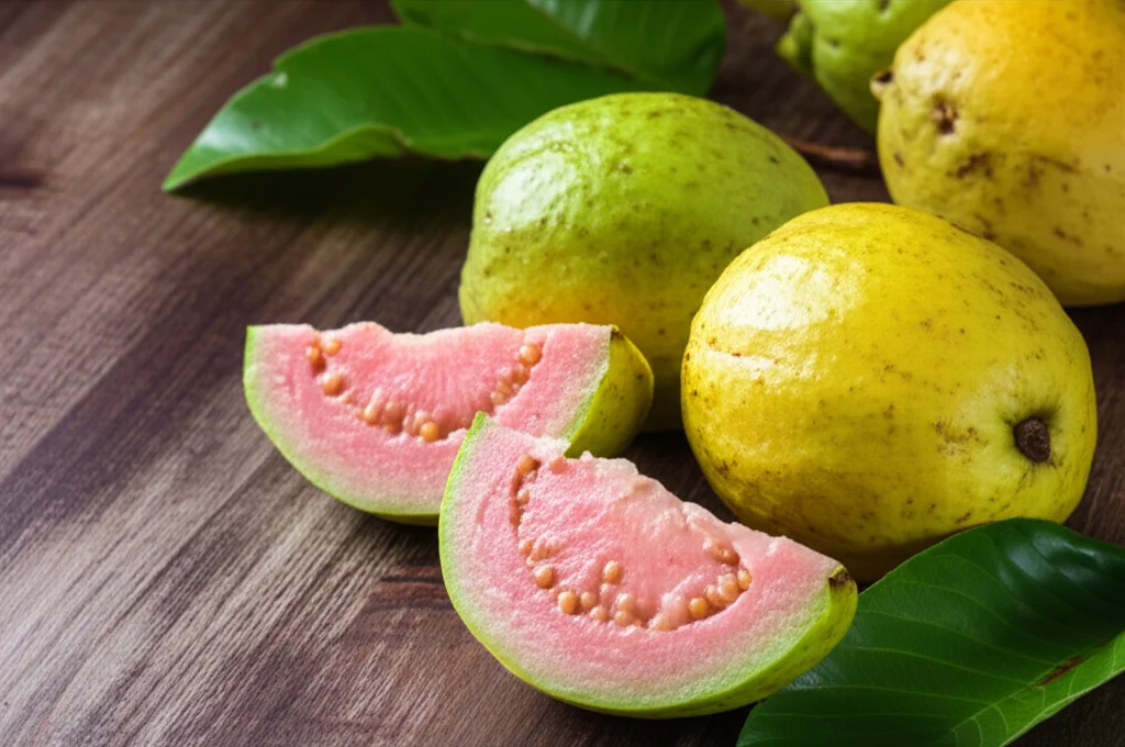 Primo piano macro di diverse varietà di guava su un tavolo di legno rustico, alcune intere (verdi e gialle), altre tagliate a metà per mostrare polpa bianca e rosa intenso. Accanto, alcune foglie fresche di guava. Macro lens, 85mm, high detail, precise focusing, controlled lighting soffusa laterale, che evidenzia la texture della buccia e la succosità della polpa.