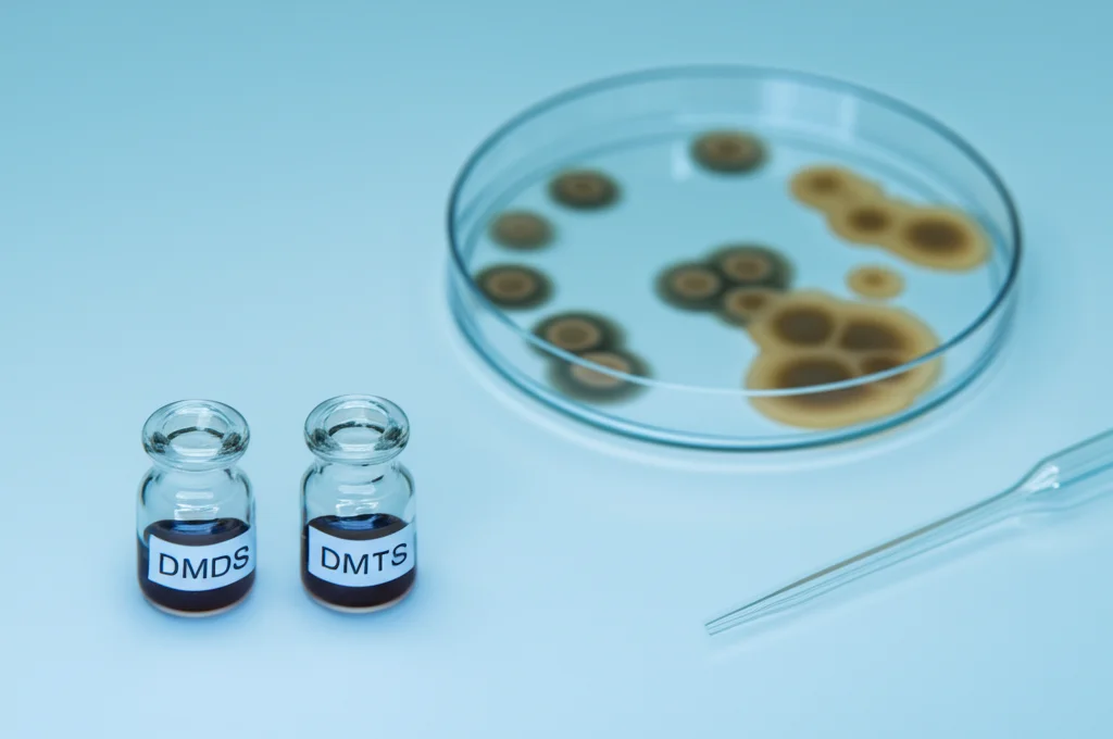 Fotografia still life di due piccole fiale di vetro etichettate 'DMDS' e 'DMTS' su un banco di laboratorio pulito, con accanto una pipetta e una piastra di Petri con una coltura fungina inibita. Obiettivo macro 60mm, illuminazione precisa, alta definizione, sfondo leggermente sfocato.