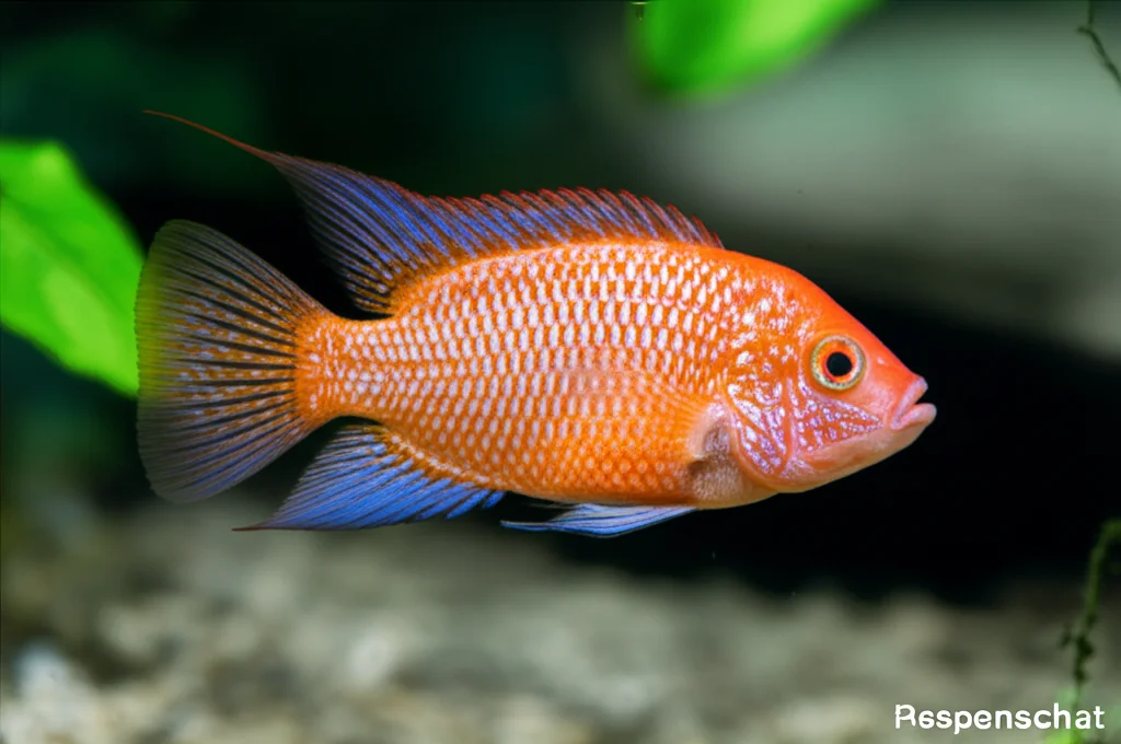 Fotografia macro di un giovane ciclide pappagallo in un acquario sperimentale d'acqua dolce. Obiettivo macro 90mm, alta definizione, illuminazione controllata per mostrare i dettagli delle squame arancioni e la forma particolare della bocca.