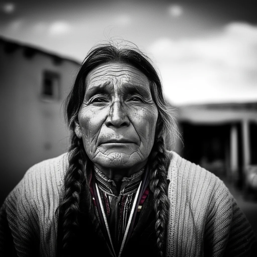 Ritratto fotografico di un membro anziano della comunità Picuris Pueblo, New Mexico. Obiettivo 35mm, stile film noir in bianco e nero, profondità di campo ridotta che sfoca leggermente lo sfondo del pueblo, espressione dignitosa e legata alla tradizione.