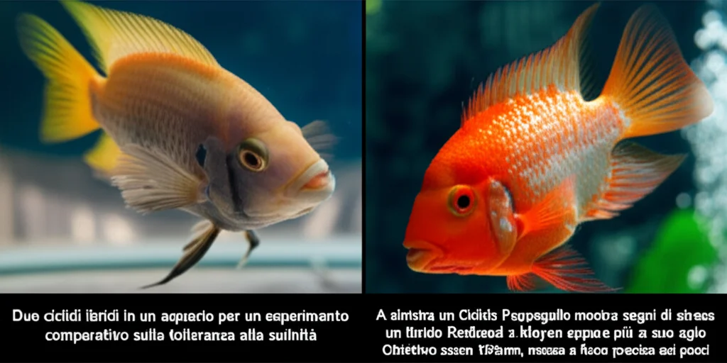 Due ciclidi ibridi in un acquario per un esperimento comparativo sulla tolleranza alla salinità. A sinistra un Ciclide Pappagallo mostra segni di stress, a destra un ibrido Redhead x Mayan appare più a suo agio. Obiettivo zoom 150mm, messa a fuoco precisa sui pesci.