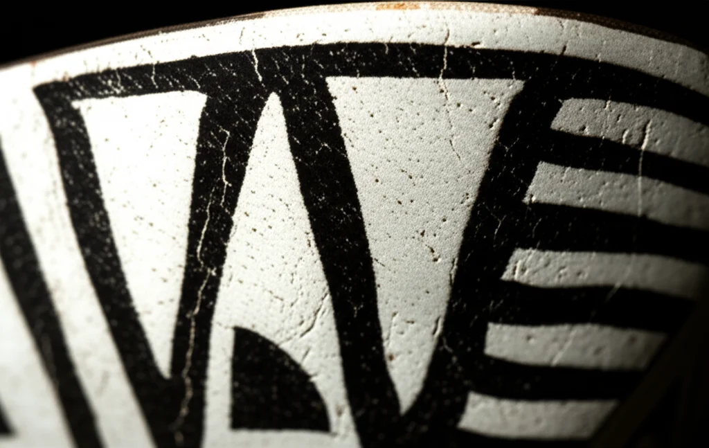 Fotografia macro di frammenti di ceramica antica Puebloan con disegni geometrici in bianco e nero. Obiettivo macro 100mm, alta definizione dei dettagli della texture e dei pigmenti, messa a fuoco precisa sui motivi, illuminazione controllata da studio per evidenziare le forme.