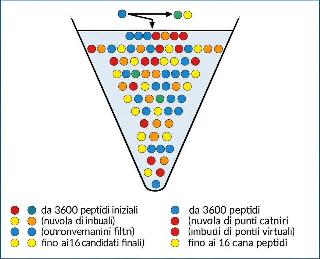 Illustrazione schematica del processo di screening computazionale: da 3600 peptidi iniziali (nuvola di punti colorati) attraverso filtri (imbuti virtuali) fino ai 16 candidati finali (icone di peptidi distinti). Grafica informativa, stile pulito.