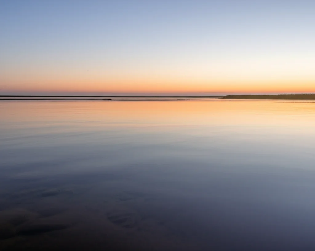 Un paesaggio acquatico di un estuario al tramonto, con acqua leggermente increspata che riflette il cielo. Obiettivo grandangolare 20mm, lunga esposizione per acqua liscia, focus nitido sull'orizzonte. Simboleggia l'ambiente salmastro difficile per i ciclidi pappagallo.