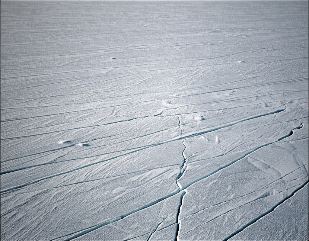 Fotografia aerea grandangolare (15mm) della Piattaforma Wordie in Antartide negli anni '70, che mostra le prime crepe e fratture sulla superficie ghiacciata, con luce naturale fredda, messa a fuoco nitida, long exposure per evidenziare il movimento lento del ghiaccio.