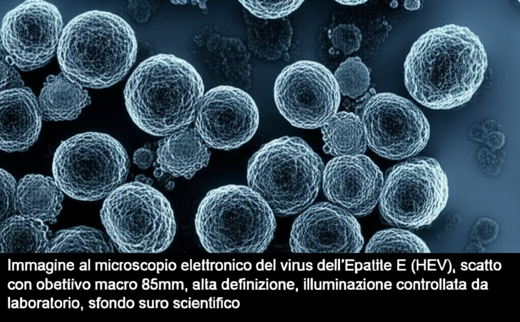 Immagine al microscopio elettronico del virus dell'Epatite E (HEV), scatto con obiettivo macro 85mm, alta definizione, illuminazione controllata da laboratorio, sfondo scuro scientifico.