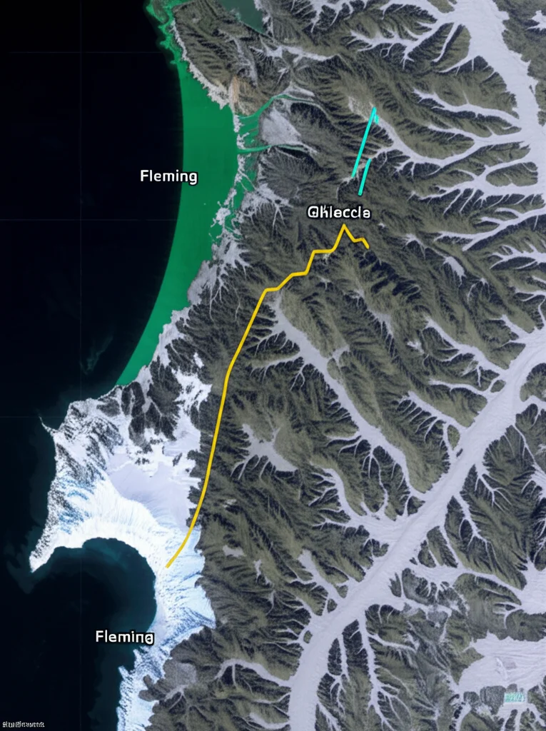 Grafico scientifico che mostra l'accelerazione della velocità del ghiacciaio Fleming nel tempo, sovrapposto a una mappa satellitare della regione. Macro lens 100mm per dettaglio del grafico, illuminazione controllata.