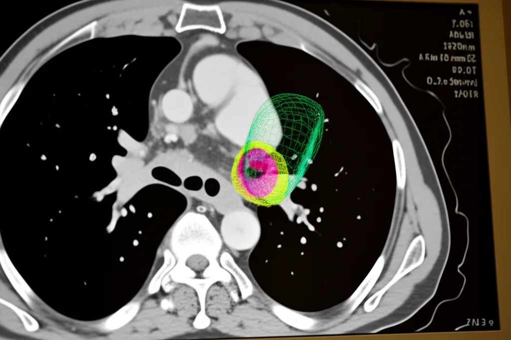 Immagine fotorealistica di un monitor medicale ad alta risoluzione che mostra una scansione TAC di un torace; in evidenza una lesione polmonare con una sovrapposizione colorata che ne indica la segmentazione 3D precisa effettuata da un'IA. Macro lens, 100mm, high detail, precise focusing, controlled lighting, interfaccia utente AI visibile.