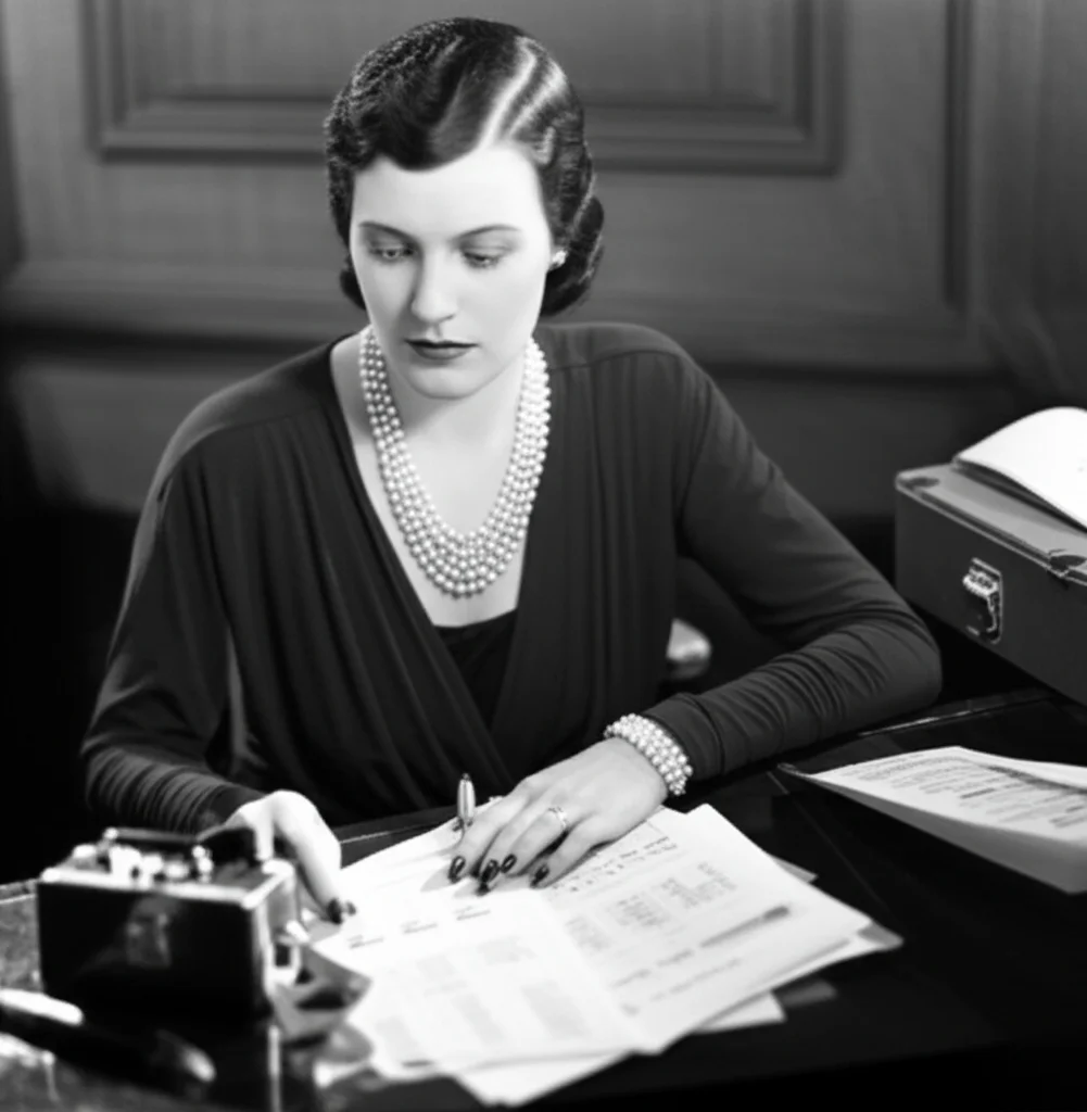 Foto in bianco e nero stile film noir di una donna spagnola degli anni '30, elegantemente vestita, che esamina con aria decisa dei documenti finanziari o un listino di borsa in un ufficio d'epoca. Obiettivo 35mm, profondità di campo ridotta per focalizzare sul suo volto concentrato.