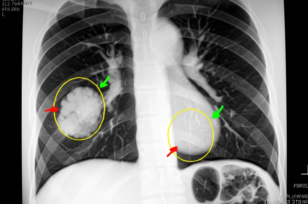 Immagine TAC del torace che mostra due masse polmonari irregolari nel polmone sinistro, una nel lobo superiore e una nel lobo inferiore, con margini spiculati e retrazione pleurica. L'immagine è visualizzata su un monitor diagnostico in una sala radiologica. Obiettivo zoom 24-70mm, illuminazione ambientale controllata.