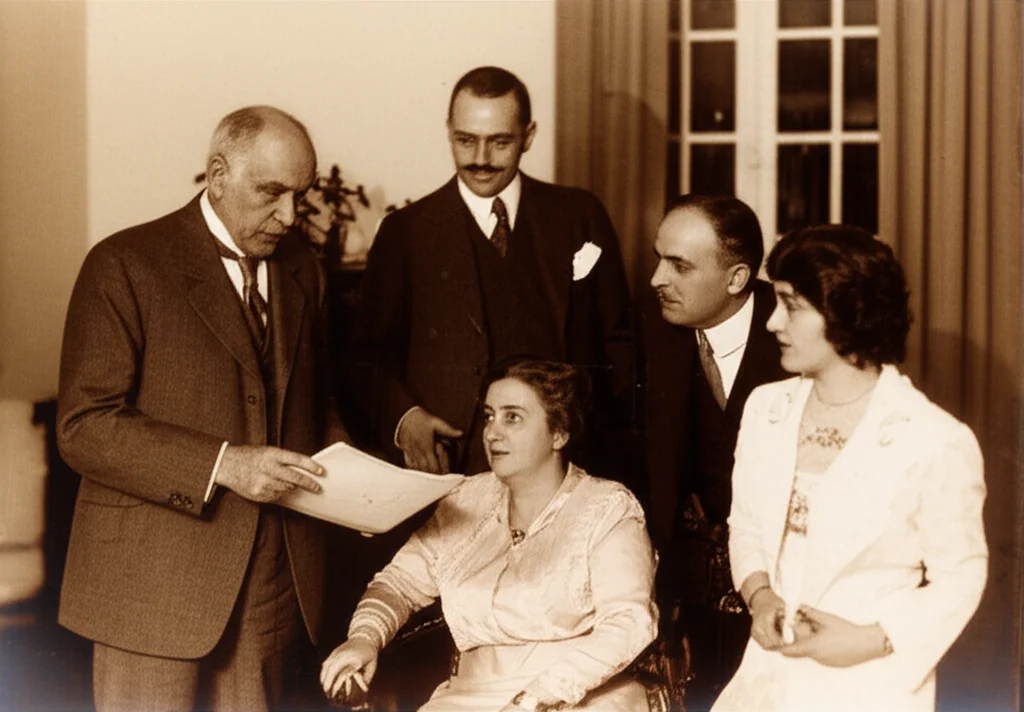 Fotografia seppia di una riunione familiare spagnola intorno al 1925 in un salotto borghese. Un uomo anziano indica un documento (forse azioni) a una donna più giovane e attenta, mentre altri membri della famiglia osservano. Illuminazione calda e controllata, obiettivo 50mm, alta definizione dei dettagli sui volti e sui vestiti.