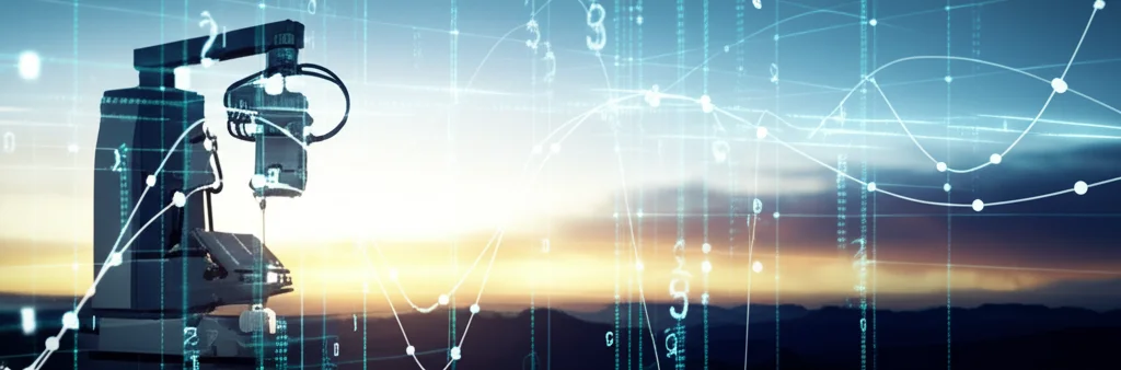 Immagine wide-angle di un paesaggio futuristico all'alba, dove linee di dati digitali si intrecciano con strutture mediche high-tech, simboleggiando l'integrazione dell'IA nella medicina. Wide-angle lens, 10mm, long exposure, sharp focus, smooth clouds, concetto di futuro tecnologico.