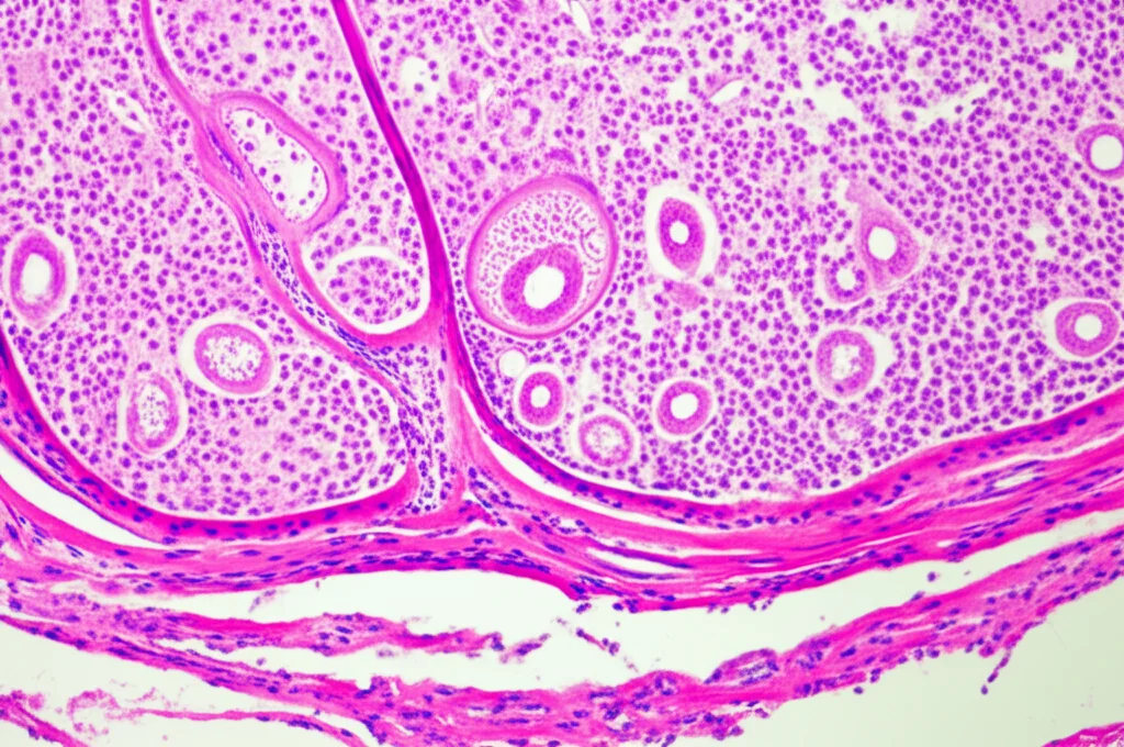Microscopio ottico in un laboratorio di patologia. Sul vetrino si osserva un campione di tessuto polmonare con alveoli pieni di materiale fibrinoso eosinofilo e cellule infiammatorie (neutrofili, linfociti). Obiettivo macro 100mm, alta definizione, illuminazione controllata per evidenziare i dettagli cellulari.