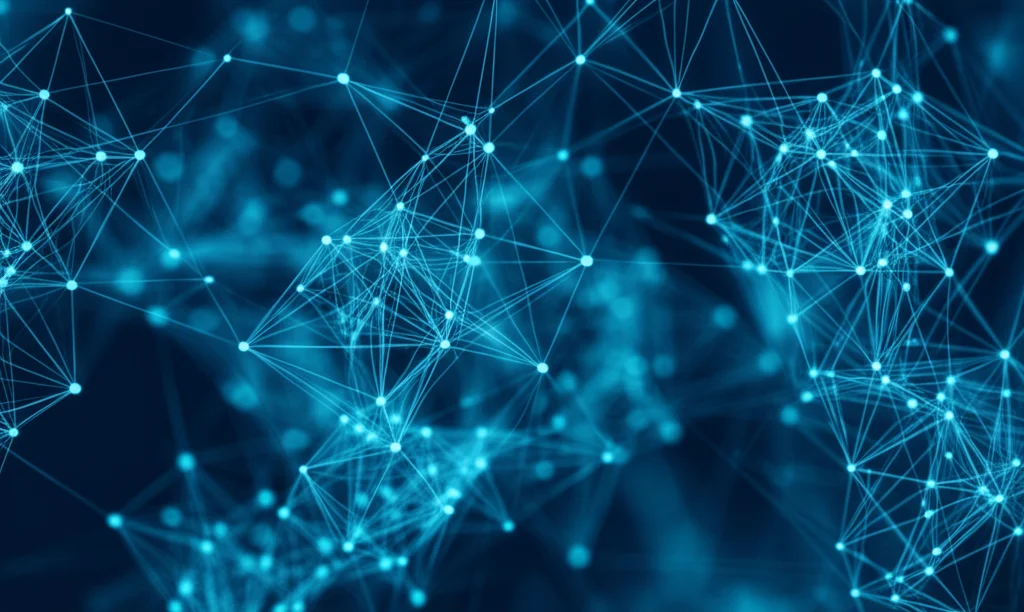 Rappresentazione astratta di una rete neurale che elabora flussi di dati complessi relativi a strutture farmacologiche e reti biologiche, obiettivo grandangolare 15mm, messa a fuoco nitida, connessioni luminose, che rappresenta i processi di apprendimento dell'IA.