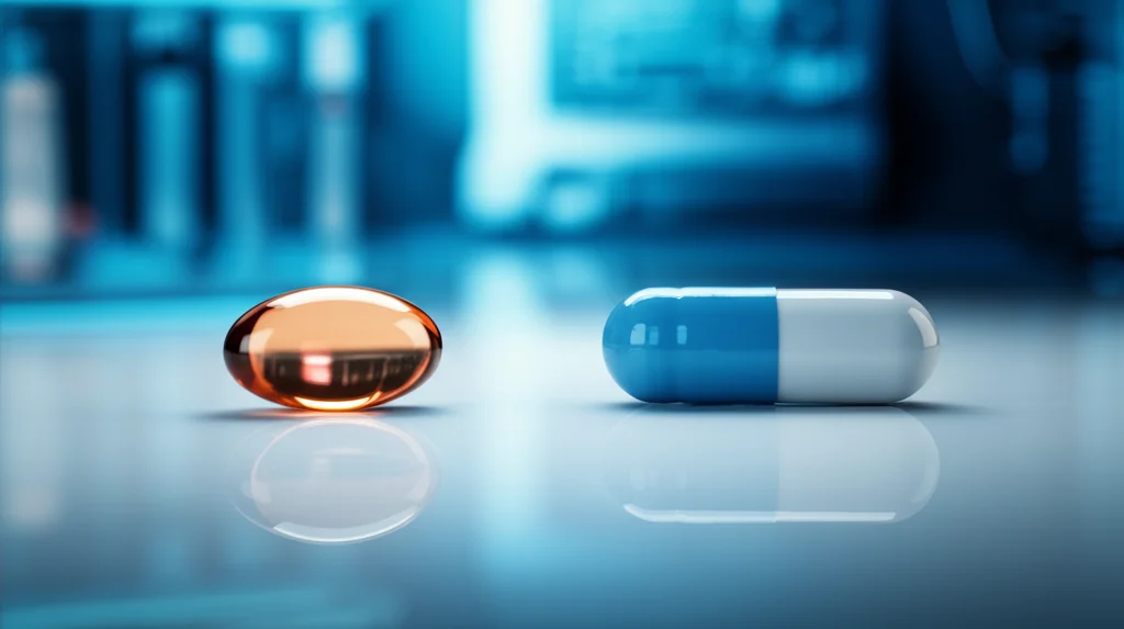 Primo piano di due diversi tipi di pillole che brillano sinergicamente su un banco da laboratorio futuristico, obiettivo macro 85mm, illuminazione controllata, alto dettaglio, a simboleggiare la previsione riuscita della sinergia farmacologica.