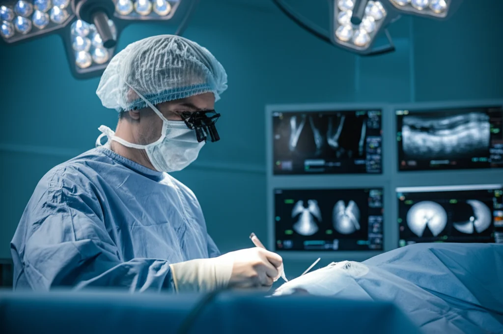 Fotografia di un chirurgo esperto, con mascherina e cuffia, concentrato durante un intervento chirurgico complesso in una sala operatoria high-tech. Si intravedono monitor con immagini diagnostiche sullo sfondo. Obiettivo prime 35mm, luce soffusa ma focalizzata sul volto del chirurgo, toni blu e grigi duotone per un'atmosfera seria e professionale.