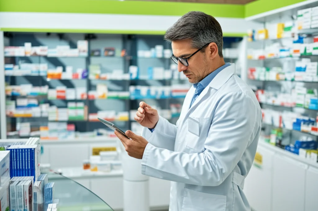 Fotografia ritratto di un farmacista concentrato che esamina attentamente i dati sulle interazioni farmacologiche su un tablet in una farmacia moderna, obiettivo prime 35mm, profondità di campo, enfatizzando la sicurezza del paziente.