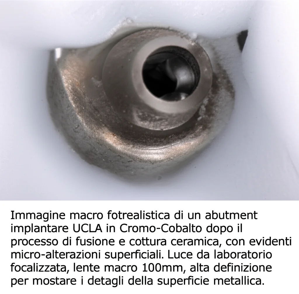 Immagine macro fotorealistica di un abutment implantare UCLA in Cromo-Cobalto dopo il processo di fusione e cottura della ceramica, con evidenti micro-alterazioni superficiali. Luce da laboratorio focalizzata, lente macro 100mm, alta definizione per mostrare i dettagli della superficie metallica.