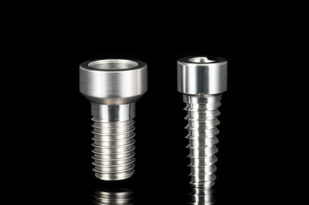 Fotografia comparativa in stile still life di un abutment prefabbricato in titanio (sinistra) e un abutment UCLA fuso (destra) posizionati su repliche di impianti. Illuminazione controllata per evidenziare le differenze nella finitura superficiale e nella precisione della connessione esagonale. Lente 60mm, focus selettivo sulla zona di connessione.