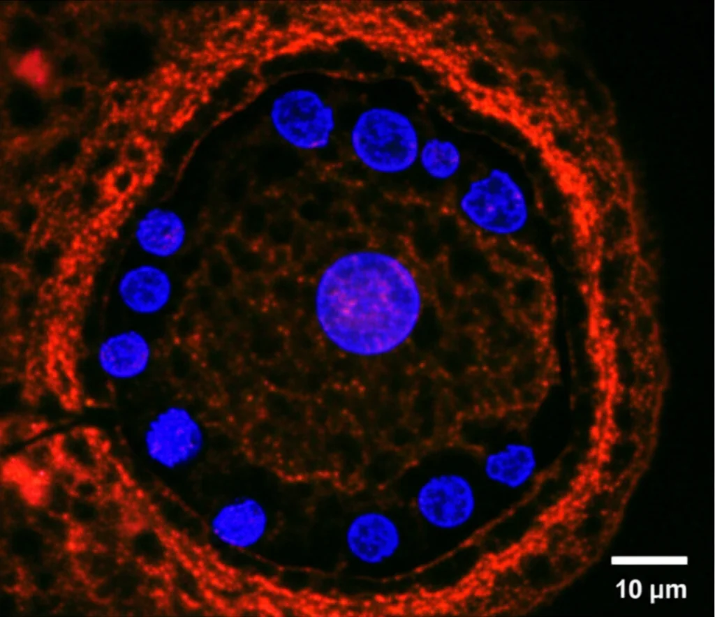 Microscopia confocale fotorealistica di un organoide placentare (EndTO) co-coltivato con cellule endoteliali su chip. Si vedono chiaramente le cellule trofoblastiche (marcatore E-cadherin in rosso) formare una struttura sferica cava, e l'interazione con cellule endoteliali sottostanti (non visibili in questo piano). Nuclei cellulari in blu (DAPI). Alta definizione, obiettivo 60x.