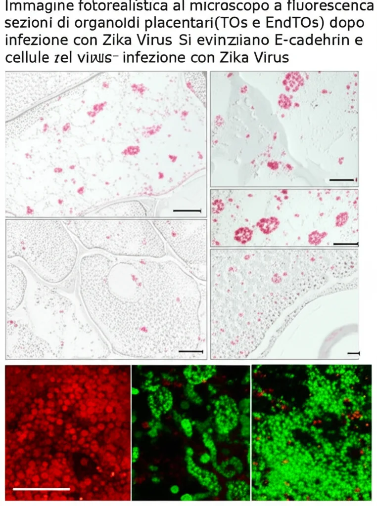 Immagine fotorealistica al microscopio a fluorescenza di sezioni di organoidi placentari (TOs e EndTOs) dopo infezione con Zika Virus. Si evidenziano cellule trofoblastiche (marcatore E-cadherin in verde) e cellule infettate dal virus (marcatore ZIKV NS2B in rosso). Si nota una minore infezione negli EndTOs. Alta risoluzione, obiettivo 40x.