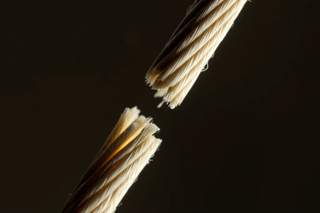 Fotografia macro di un filo aggrovigliato e spezzato su uno sfondo scuro, che simboleggia la complessità e la fragilità dei percorsi emotivi adolescenziali influenzati da traumi infantili. Obiettivo macro 100mm, alta definizione, illuminazione controllata per enfatizzare la texture e le rotture del filo.