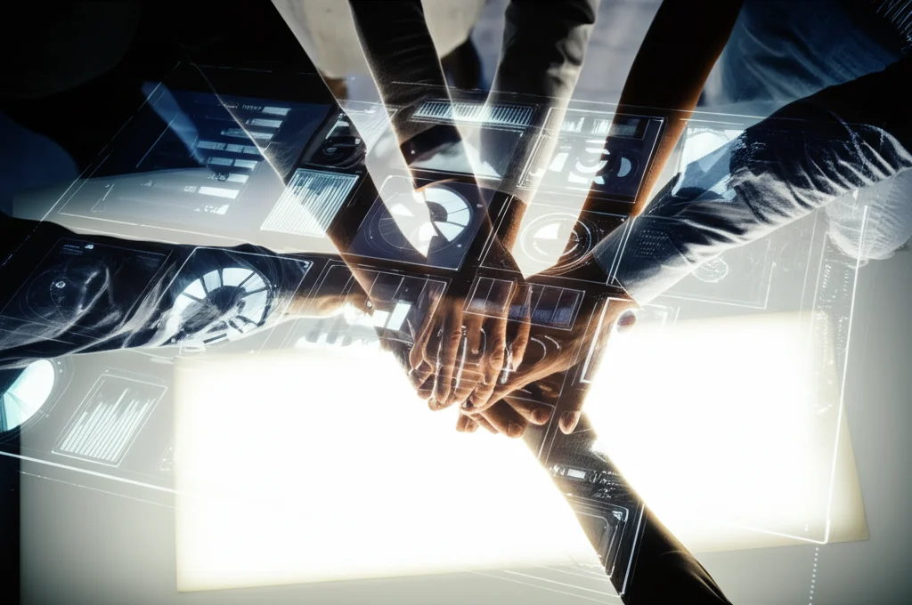 Immagine fotorealistica che simboleggia i dati aperti nella ricerca medica. Diverse mani di etnie diverse si uniscono sopra un tavolo luminoso su cui sono proiettati grafici scientifici e dati astratti relativi a scansioni cerebrali. Obiettivo zoom, 35mm, profondità di campo, luce soffusa e calda, atmosfera collaborativa.