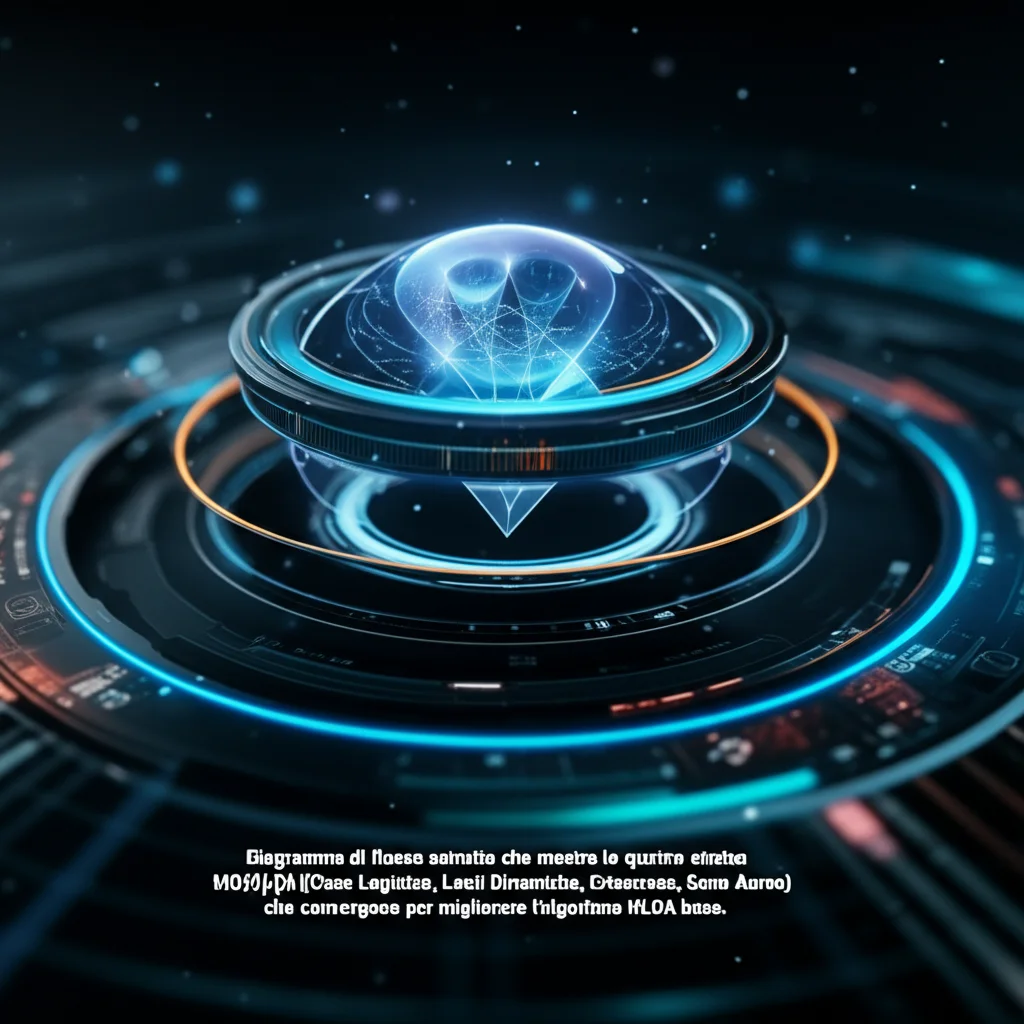 Diagramma di flusso astratto che mostra le quattro strategie MSHLOA (Caos Logistico, Lenti Dinamiche, Crisscross, Seno Aureo) che convergono per migliorare l'algoritmo HLOA base. Wide-angle lens, 24mm, sharp focus, stile infografica high-tech.