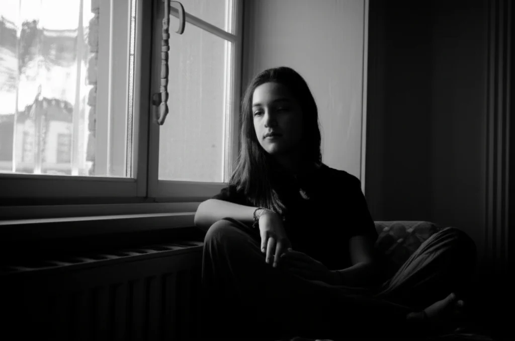 Ritratto fotografico di un'adolescente con espressione ansiosa, seduta vicino a una finestra, la luce naturale illumina parzialmente il suo volto. Obiettivo 35mm, bianco e nero, profondità di campo ridotta per isolare il soggetto dallo sfondo sfocato della stanza.