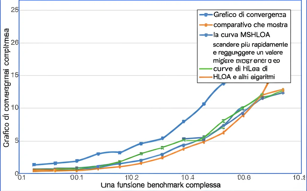 Grafico di convergenza comparativo che mostra la curva MSHLOA scendere più rapidamente e raggiungere un valore migliore rispetto alle curve di HLOA e altri algoritmi su una funzione benchmark complessa. Stile grafico pulito, dati ben visibili.