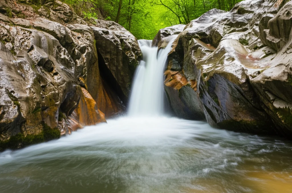 Ripresa con teleobiettivo zoom (es. 200mm) della cascata all'ingresso del micro canyon di Hoghiz, Romania. Acqua in movimento catturata con velocità dell'otturatore leggermente ridotta per effetto seta, rocce basaltiche umide circostanti. Tracciamento del movimento dell'acqua.