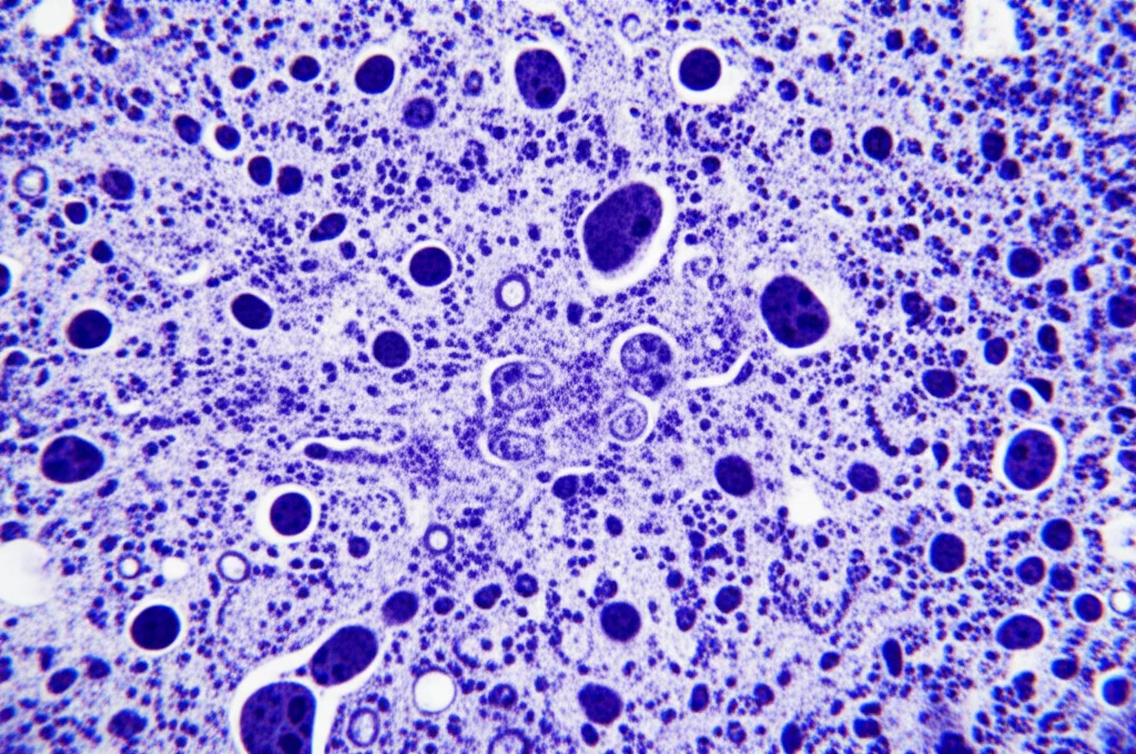 Immagine al microscopio elettronico, alta magnificazione, di cellule tumorali polmonari (o prostatiche), con dettagli ultrastrutturali visibili, colorazione scientifica per contrasto (es. duotone blu e viola), che mostra la divisione cellulare anomala e la morfologia alterata.
