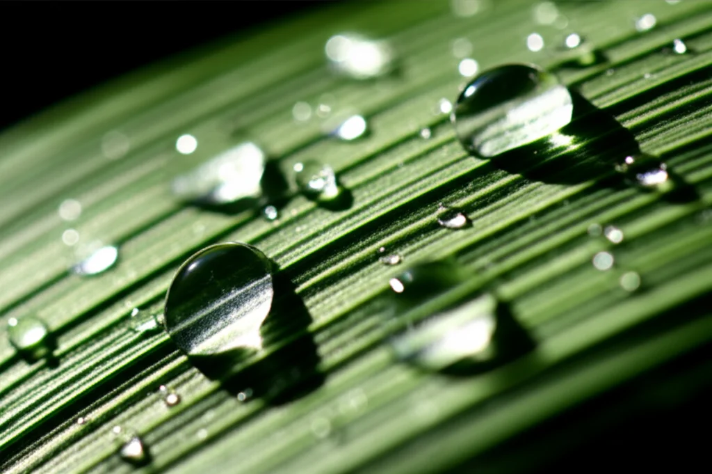 Foto macro di gocce d'acqua che brillano su una foglia verde, illuminazione laterale controllata per creare contrasto, obiettivo macro 85mm, alta definizione dei dettagli della goccia e della superficie della foglia.