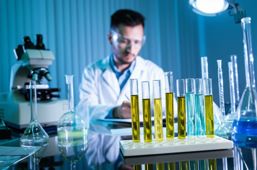 Prompt: Un tecnico di laboratorio in camice bianco analizza campioni di olio d'oliva in provette diverse sotto una luce intensa. Sullo sfondo, strumentazione scientifica come spettrofotometro e cromatografo. Prime lens, 35mm, Depth of field che mette a fuoco le provette, illuminazione da laboratorio chiara e neutra.