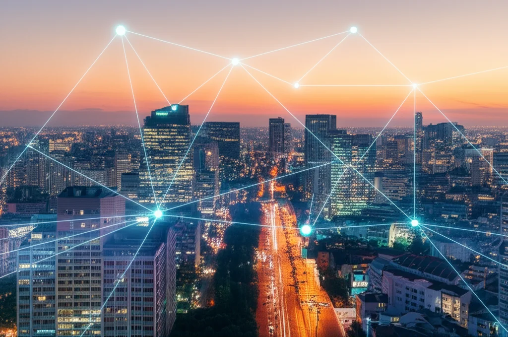 Fotografia grandangolare di un paesaggio urbano con in sovrimpressione una rete digitale stilizzata che rappresenta il flusso ottimizzato dell'acqua, al tramonto, obiettivo 24mm, messa a fuoco nitida su tutta la scena.