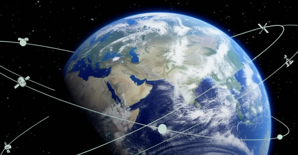Vista grandangolare dallo spazio della Terra con orbite satellitari stilizzate che la circondano, rappresentando la missione GRACE, fotografia astronomica, obiettivo grandangolare 10mm, messa a fuoco nitida, colori vividi.