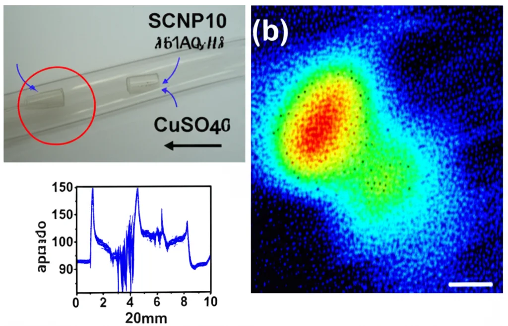 Immagine composita: a sinistra, schema di un fantoccio tissutale con due tubi inseriti, uno contenente SCNP10 e l'altro un riferimento (CuSO4); a destra, immagine fotoacustica differenziale che mostra un segnale forte solo dal tubo con SCNP10 dopo l'induzione dell'aggregazione termica. Wide-angle lens, 20mm, sharp focus, visualizzazione dati scientifici.