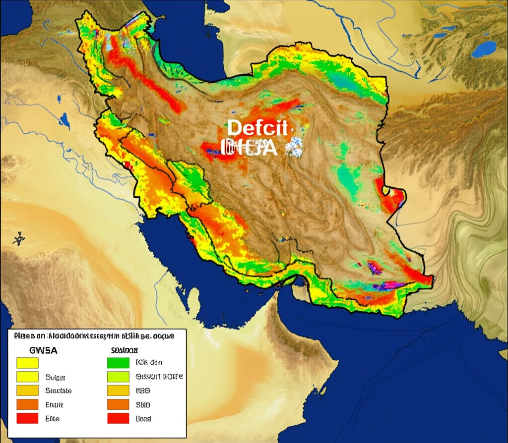 Mappa dettagliata dell'Iran che mostra la distribuzione spaziale delle anomalie di stoccaggio dell'acqua sotterranea (GWSA) a risoluzione 0.25°, con colori che indicano deficit o surplus, creata usando dati GRACE downscalati e GLDAS, stile GIS professionale.