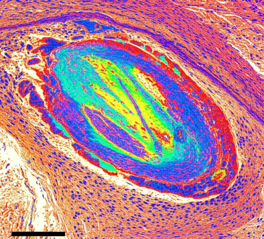 Immagine fotorealistica ad altissima risoluzione di una sezione di tessuto cerebrale umano post-mortem affetto da sclerosi multipla, ottenuta tramite Mass Spectrometry Imaging (MSI). L'immagine mostra chiaramente una lesione demielinizzata (area con colori più freddi/scuri) circondata da tessuto peri-lesionale più mielinizzato (colori più caldi/brillanti). Sovrapposta, una mappa di calore indica livelli più bassi di Acido Arachidonico (AA) all'interno della lesione. Dettagli: Obiettivo macro 100mm, high detail, precise focusing, illuminazione controllata per evidenziare le differenze di concentrazione molecolare.
