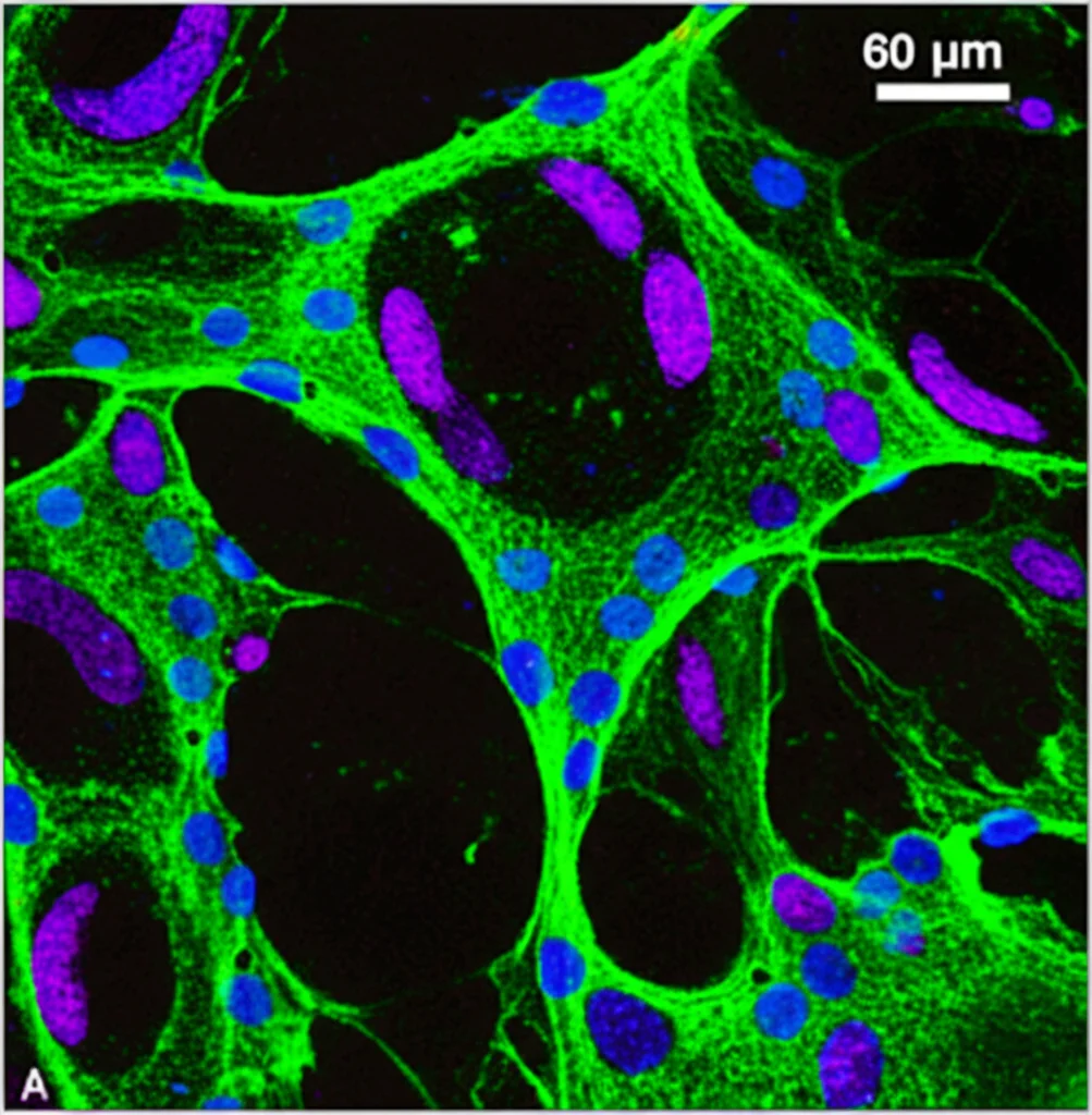 Micrografia confocale fotorealistica ad alta risoluzione di cellule microglia (marcate in magenta con Iba1 e giallo con TMEM119) all'interno di una lesione di sclerosi multipla. Si evidenzia una forte co-localizzazione del recettore EP2 (marcato in ciano) sulla superficie di queste cellule microglia attivate (forma ameboide). Dettagli: Obiettivo 60x oil immersion, high detail, colori fluorescenti brillanti su sfondo scuro, profondità di campo ridotta per isolare un piano focale.
