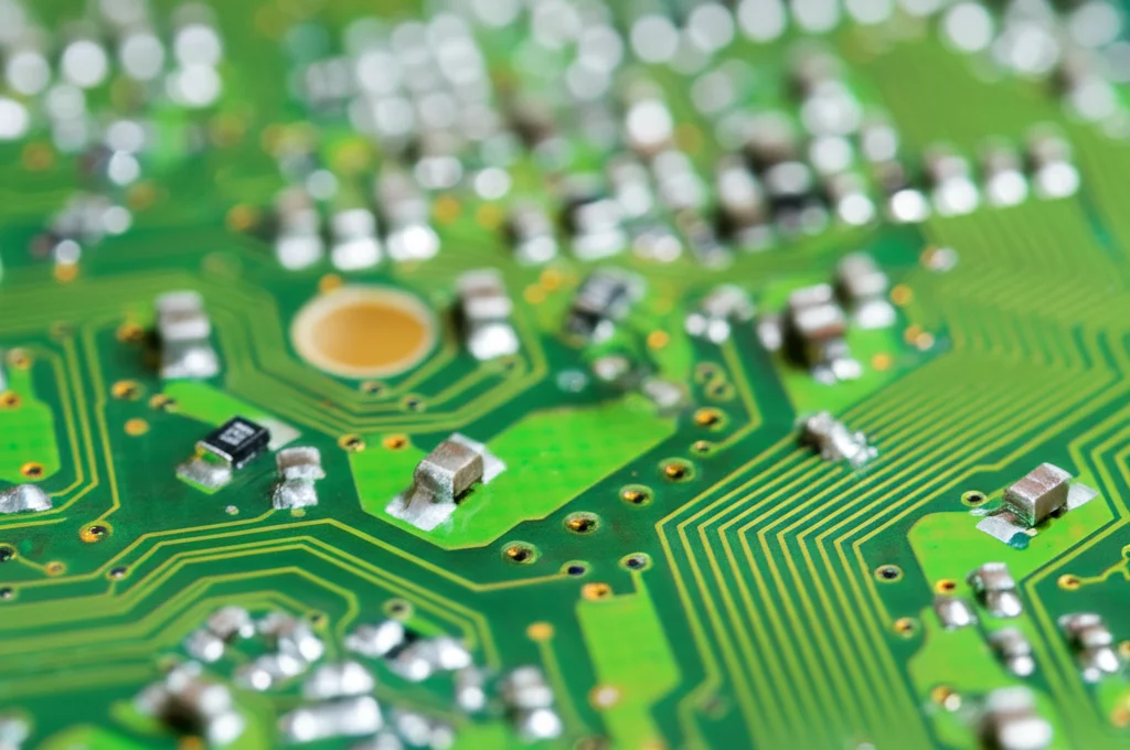 Fotografia macro, 70mm, alto dettaglio, messa a fuoco precisa su un circuito stampato complesso con alcuni componenti mancanti e altri illuminati, simboleggiando l'analisi e la ricostruzione di dati incompleti in un dataset finanziario, illuminazione controllata.