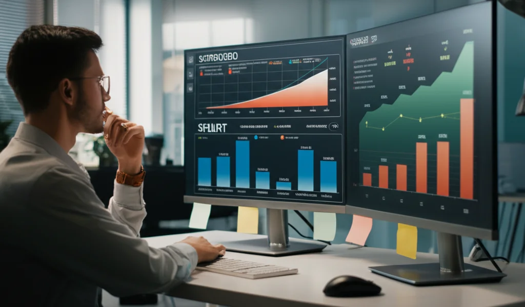 Fotografia di un analista finanziario concentrato davanti a più monitor che mostrano grafici di performance (RMSE, AUROC) in aumento, con uno schermo principale che evidenzia i risultati superiori del metodo SMART, obiettivo prime 35mm, profondità di campo, ambiente ufficio moderno.