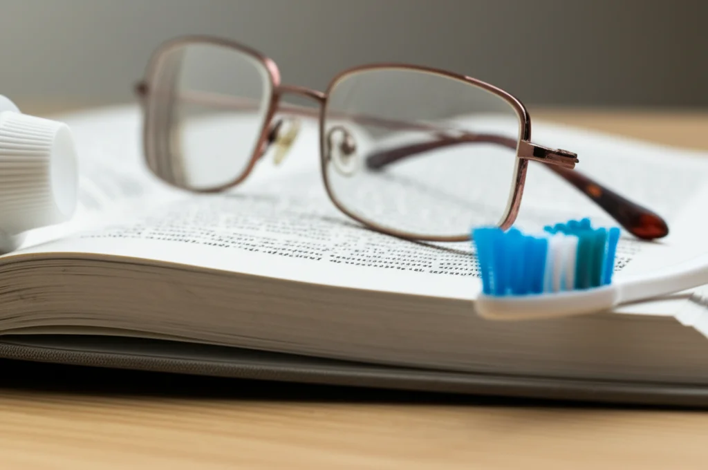 Fotografia macro di un libro aperto con occhiali da lettura appoggiati sopra, accanto a uno spazzolino da denti e dentifricio su un tavolo di legno chiaro. Illuminazione laterale morbida, alta definizione, obiettivo macro 90mm, focus preciso sulla texture della carta e sulle setole dello spazzolino.